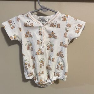 Kissy Kissy White Cotton One-Piece with Tan Bear and Green Sprig Print